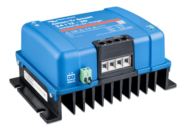 Isometric right-side view of the Victron Orion-Tr Smart charger showing the blue top and black metal base