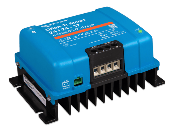 Side angle of the Orion-Tr Smart charger showcasing the rugged aluminium heat sink base