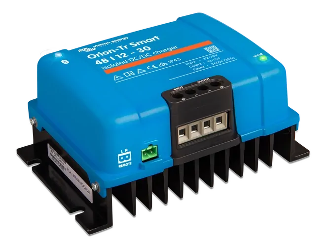 Side perspective of the blue Victron DC-DC charger showing the mounting holes and heatsink profile