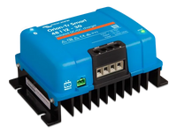 Side perspective of the blue Victron DC-DC charger showing the mounting holes and heatsink profile