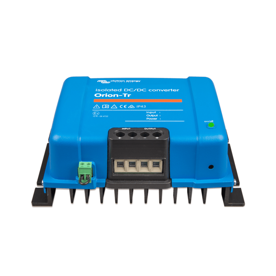 Perspective view of Victron converter showing wiring terminals and status LED