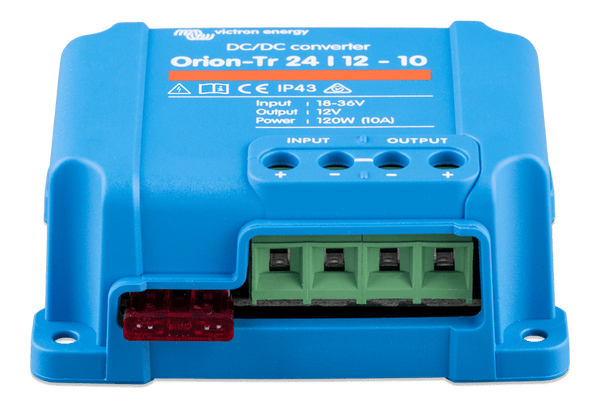 Angled view of Victron Orion-Tr converter showing terminal block and integrated fuse
