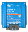 Front view of blue Victron Orion XS 12/12 50A DC-DC charger showing status LEDs and interface