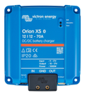 Top view of a blue Victron Orion XS DC-DC battery charger with labels and status indicators