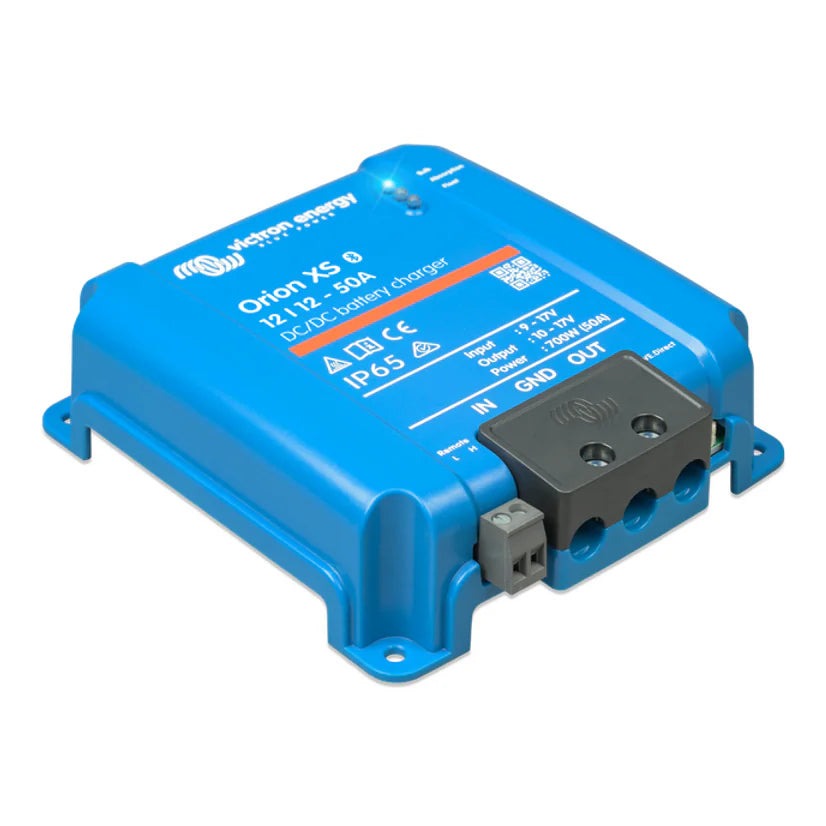 Side perspective of the blue Victron Orion XS charger showing the slim aluminium enclosure