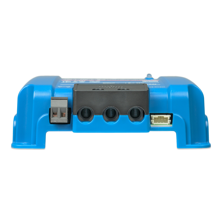 Bottom view of Victron Orion XS highlighting terminal access and communication ports