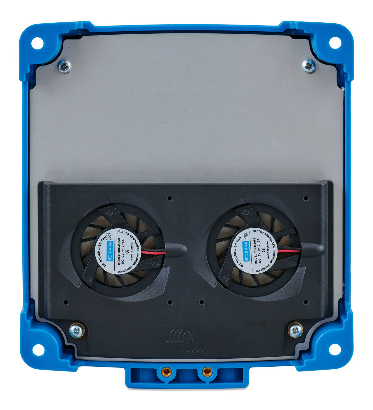 Rear view of the charger showing twin cooling fans and a metallic heat dissipation plate