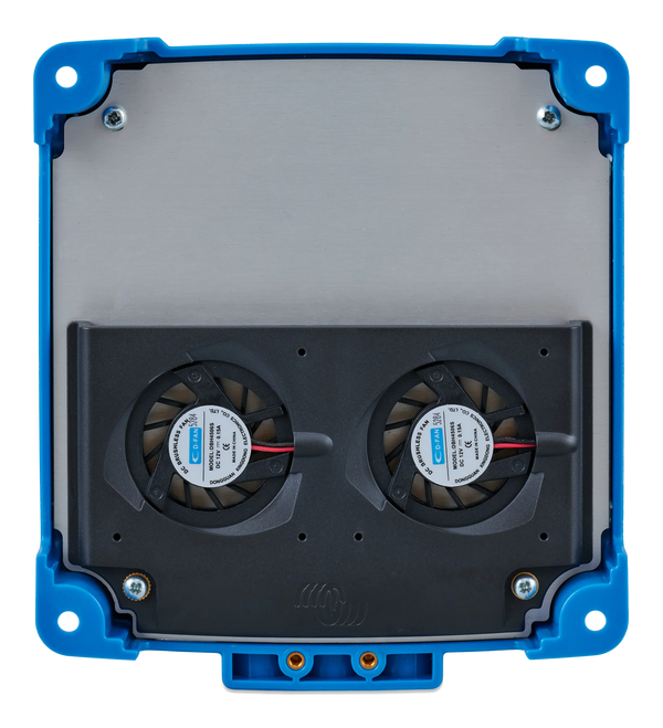 Rear view of the charger showing twin cooling fans and a metallic heat dissipation plate