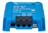 Front view of the charger's terminal block including input, ground, and output ports