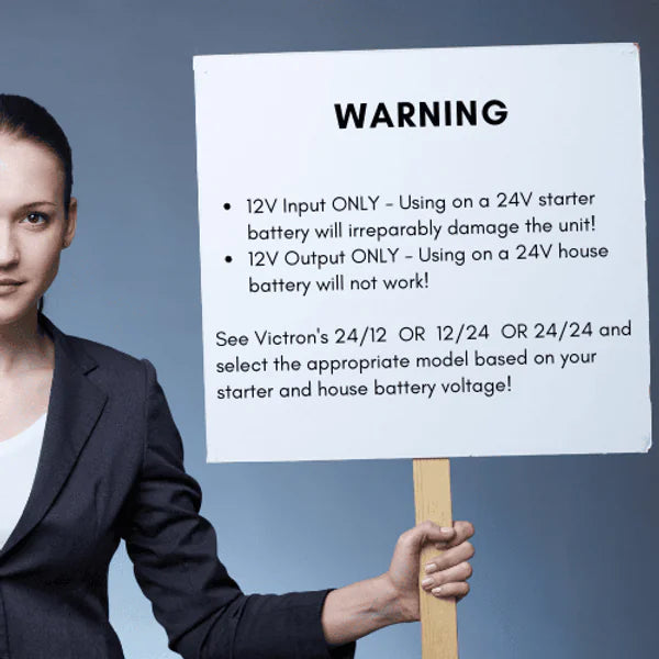 Warning sign for Orion XS 12V 50A charger advising 12V input and output use only
