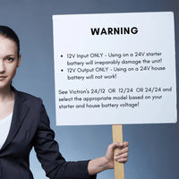 Warning sign for Orion XS 12V 50A charger advising 12V input and output use only