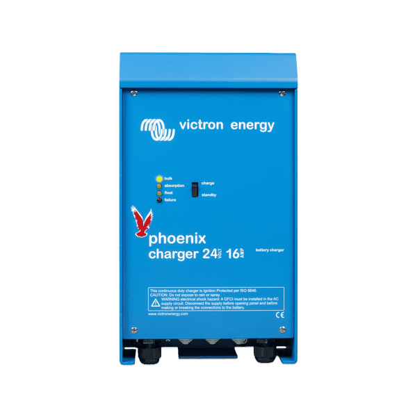 Front view of blue Victron Phoenix 24V 16A battery charger with status LEDs and power switch