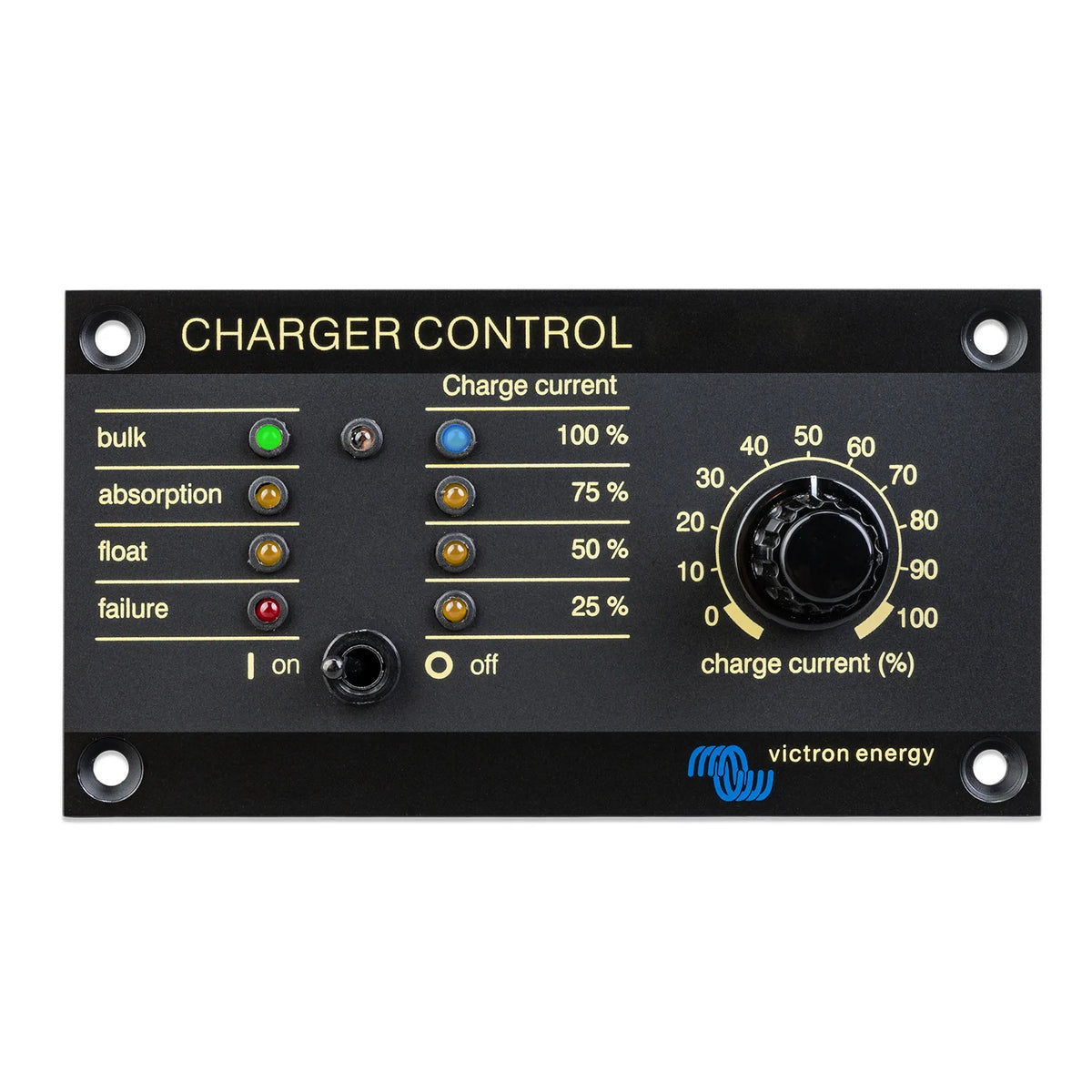 Front view of Victron charger control panel with LED indicators, toggle switch, and current adjustment dial