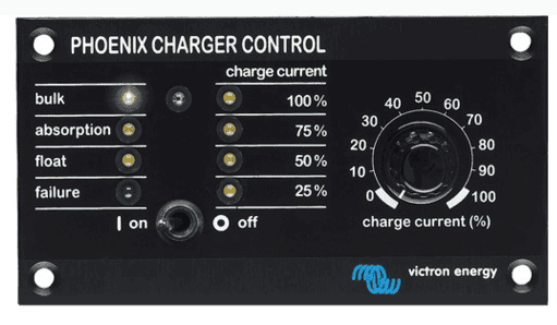 Front interface panel of a charger remote control showing status LEDs and a current adjustment dial