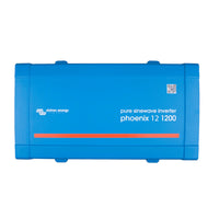 Top-down view of blue Victron Phoenix 12/1200 pure sine wave inverter showing branding and QR code