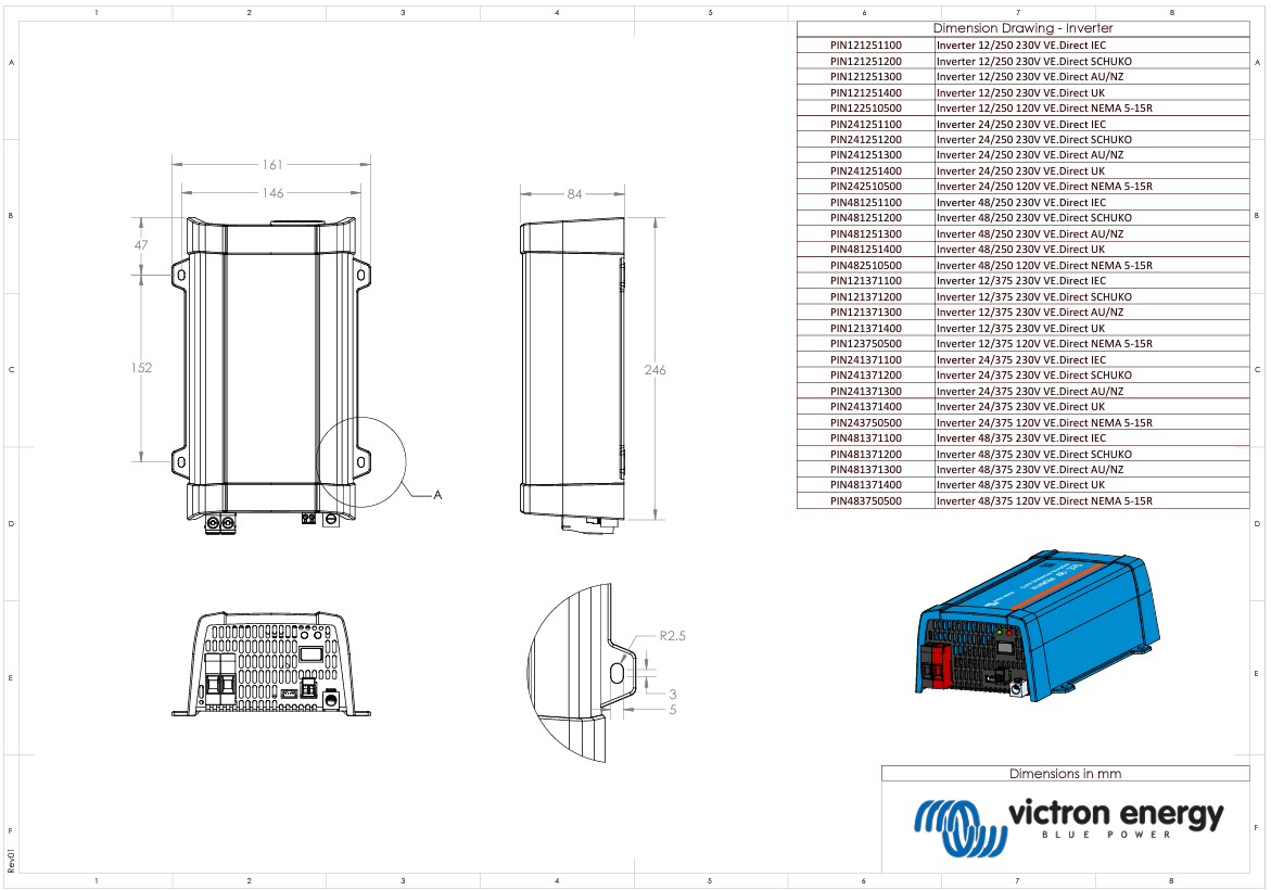 Technical dimension drawing for Phoenix 12/250 VE.Direct inverter range in mm