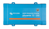 Top view of blue Victron Phoenix 12/250 pure sinewave inverter enclosure