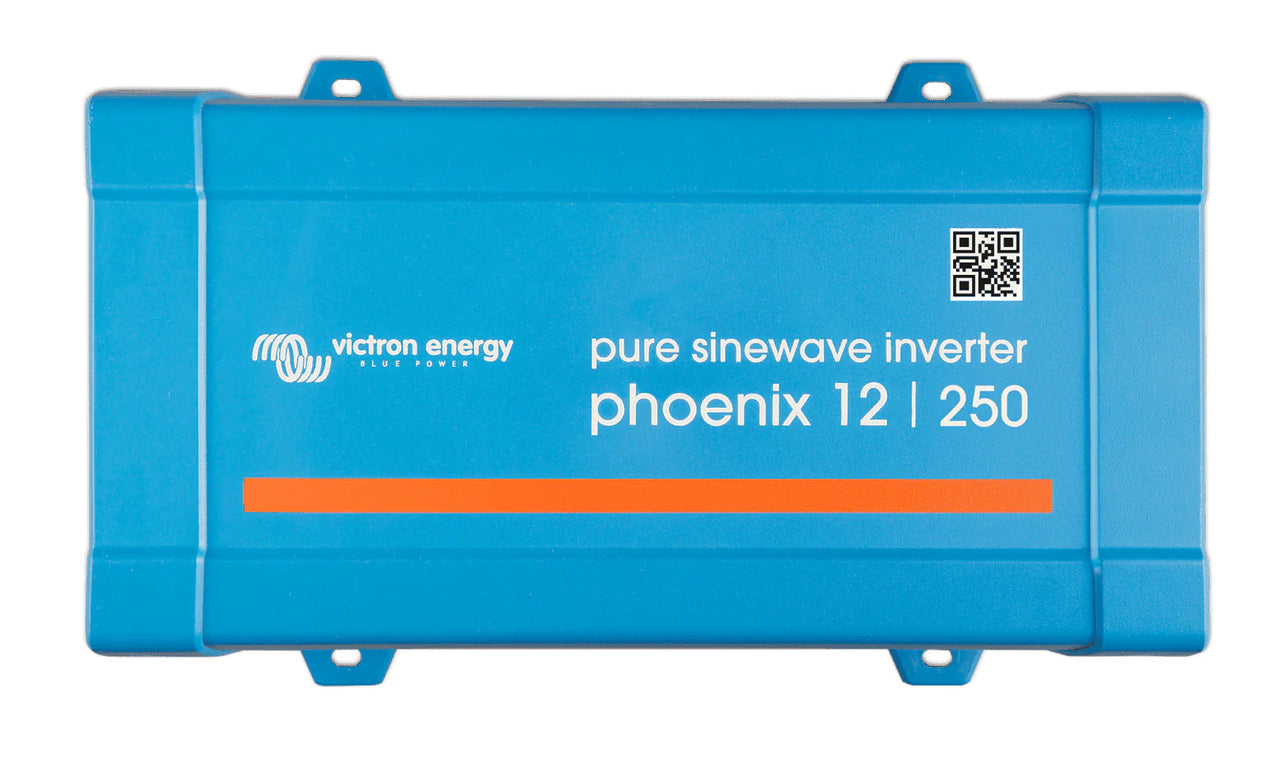 Top view of blue Victron Phoenix 12/250 pure sinewave inverter enclosure