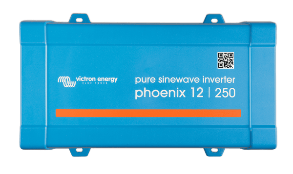 Top view of blue Victron Phoenix 12/250 pure sinewave inverter enclosure