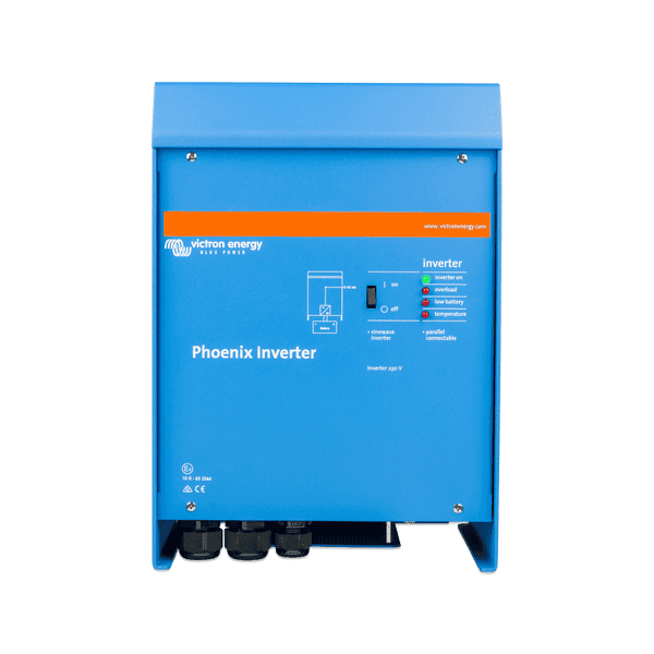 Front view of blue Victron Phoenix 12V 3000VA inverter with LED status lights and power switch
