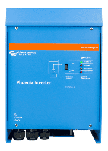 Front view of blue Victron Phoenix 12V 3000VA inverter with LED status lights and power switch