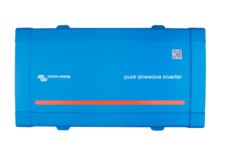 Top view of the blue steel and plastic chassis of a Victron Phoenix pure sine wave inverter