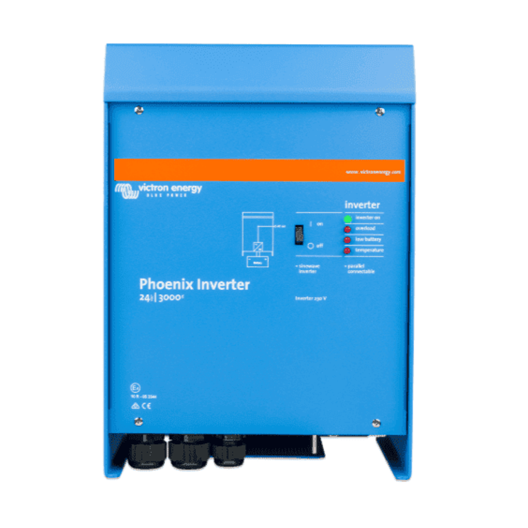 Blue Victron 24V 3000VA Phoenix Inverter with status LEDs and power switch