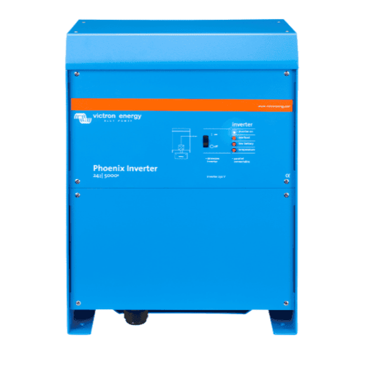 Front view of blue Victron Phoenix 24V 5000VA inverter with status LEDs and power switch