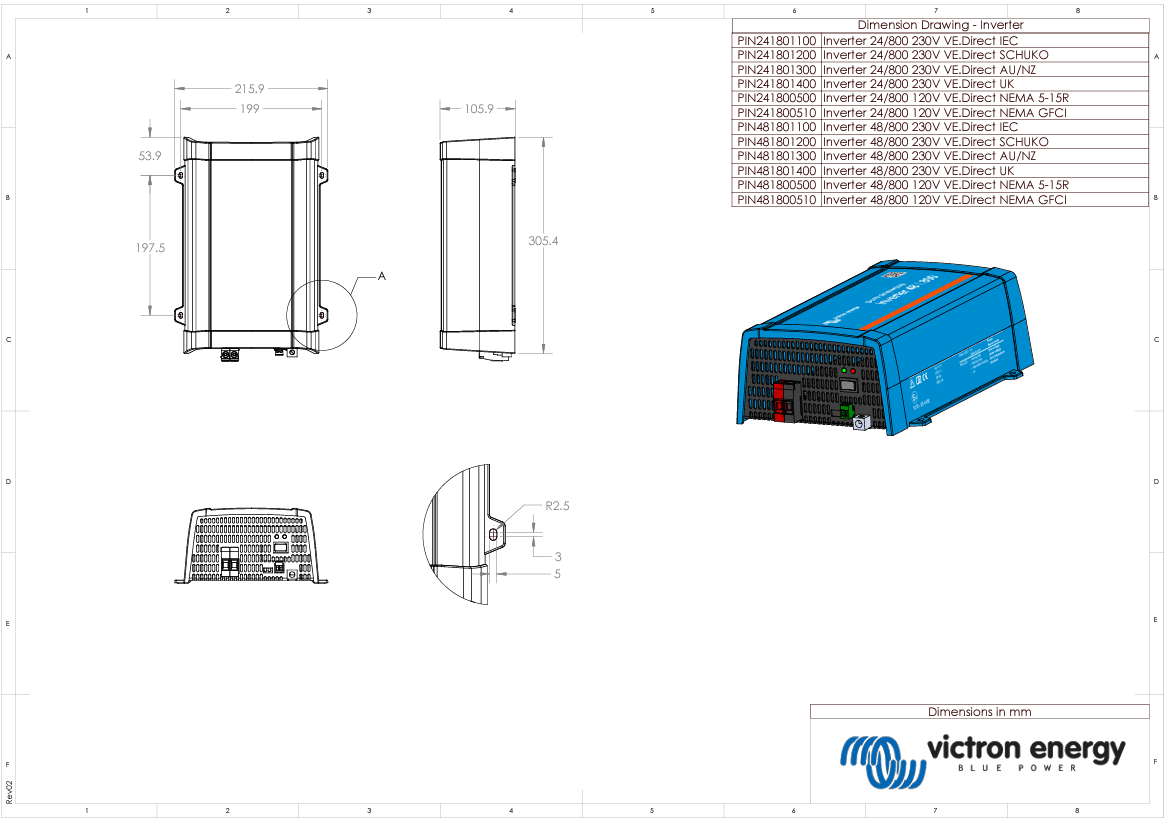 Dimensional line drawing of the 24V 800VA inverter with metric measurements