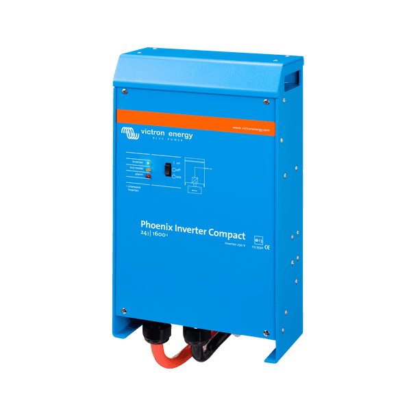 Front view of blue Victron Phoenix Inverter Compact 24V 1600VA for off-grid power systems