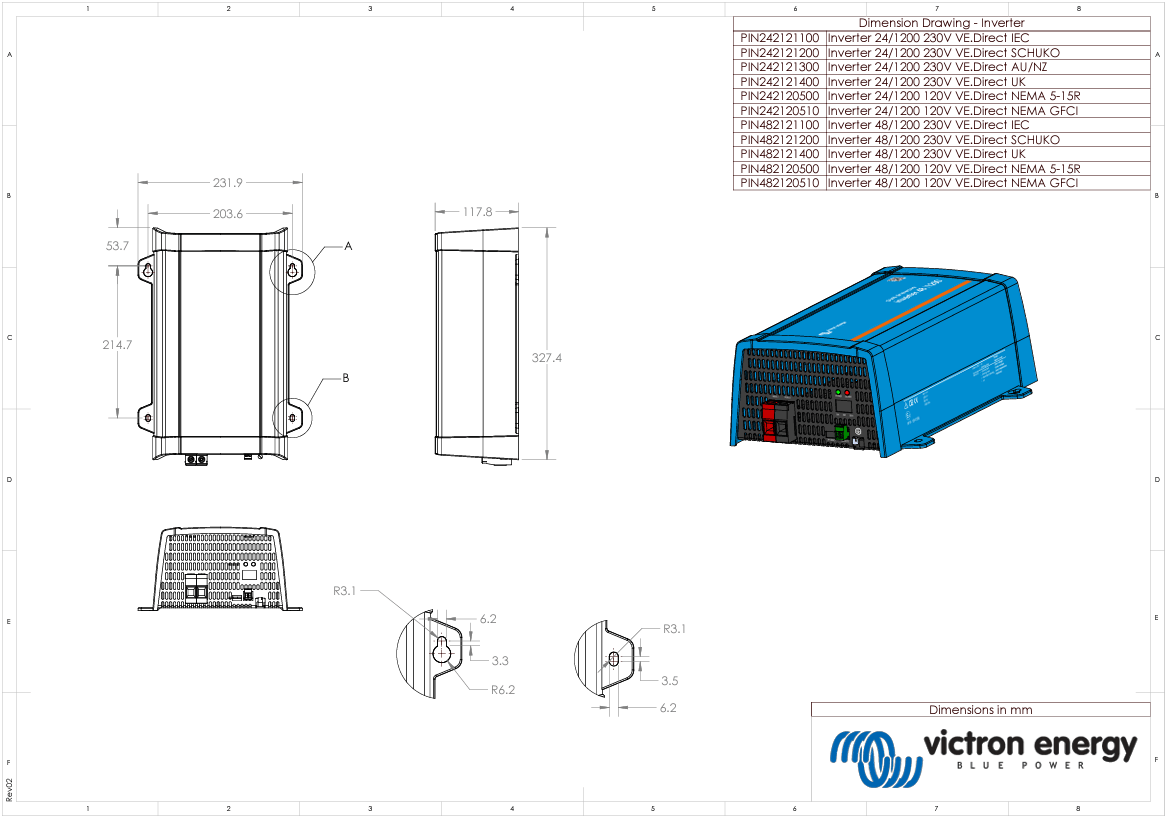 Dimensional drawing of the inverter housing with metric measurements