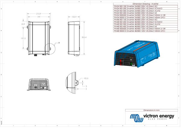 Dimensional technical drawing showing height, width and depth in millimetres