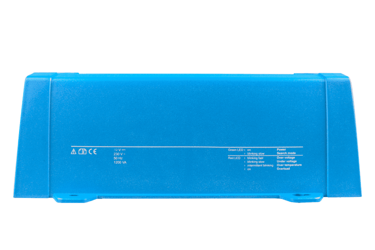 Side view of blue Victron inverter chassis with technical specifications and LED status indicator legend