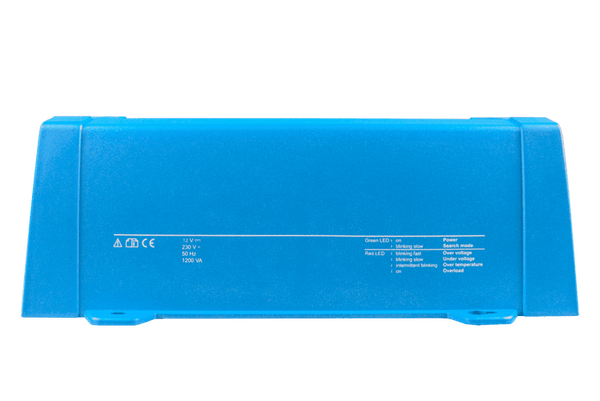 Side view of blue Victron inverter chassis with technical specifications and LED status indicator legend