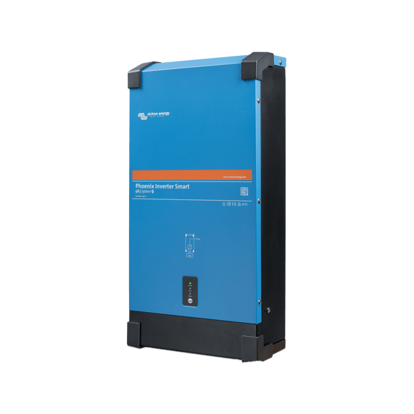 Right perspective view of the blue and black 48V 5000VA smart inverter housing