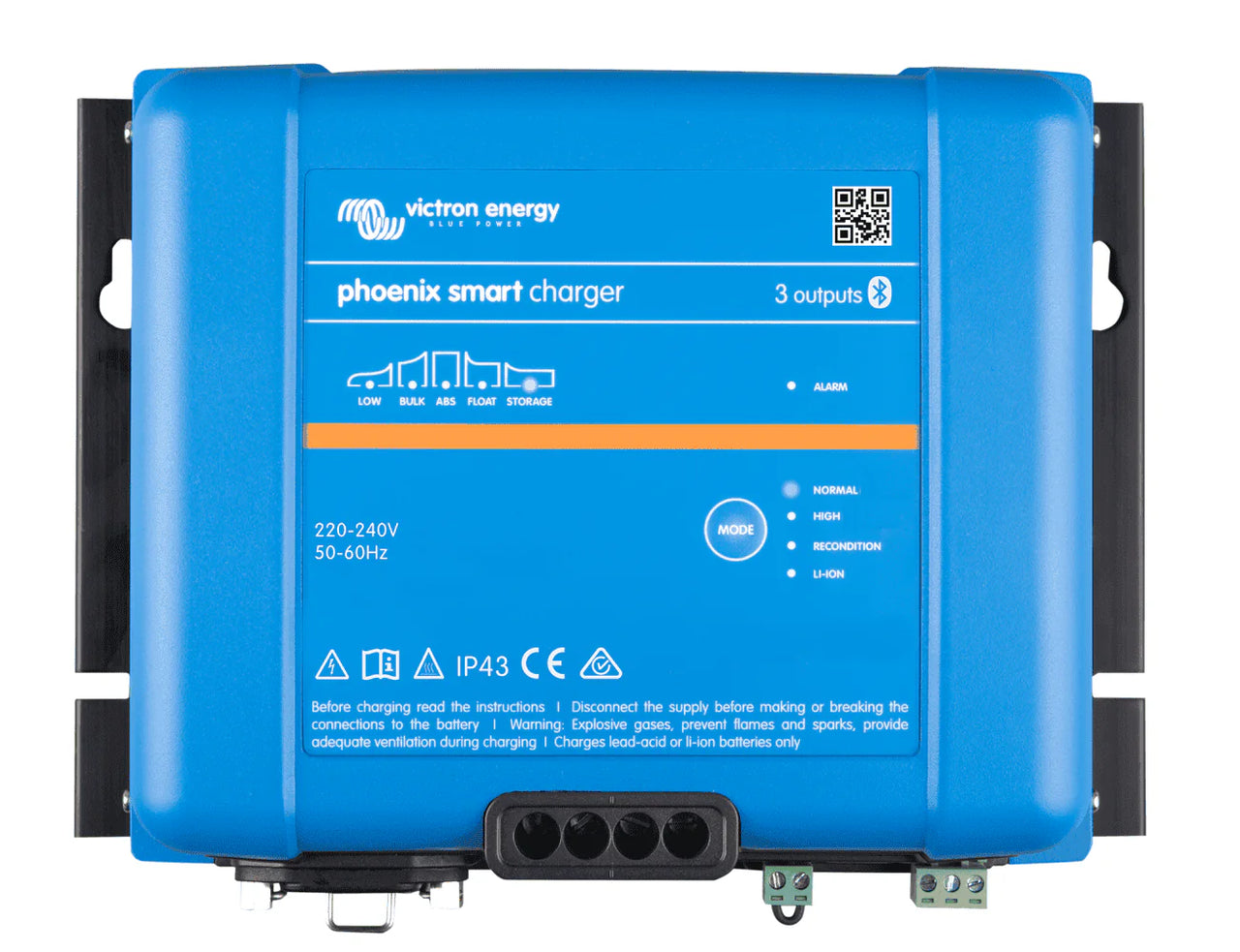 Front view of blue Victron Phoenix Smart IP43 24V 16A battery charger with status indicators