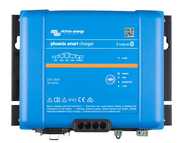 Front view of a blue Victron Phoenix Smart IP43 battery charger with LED indicators and mode selection button