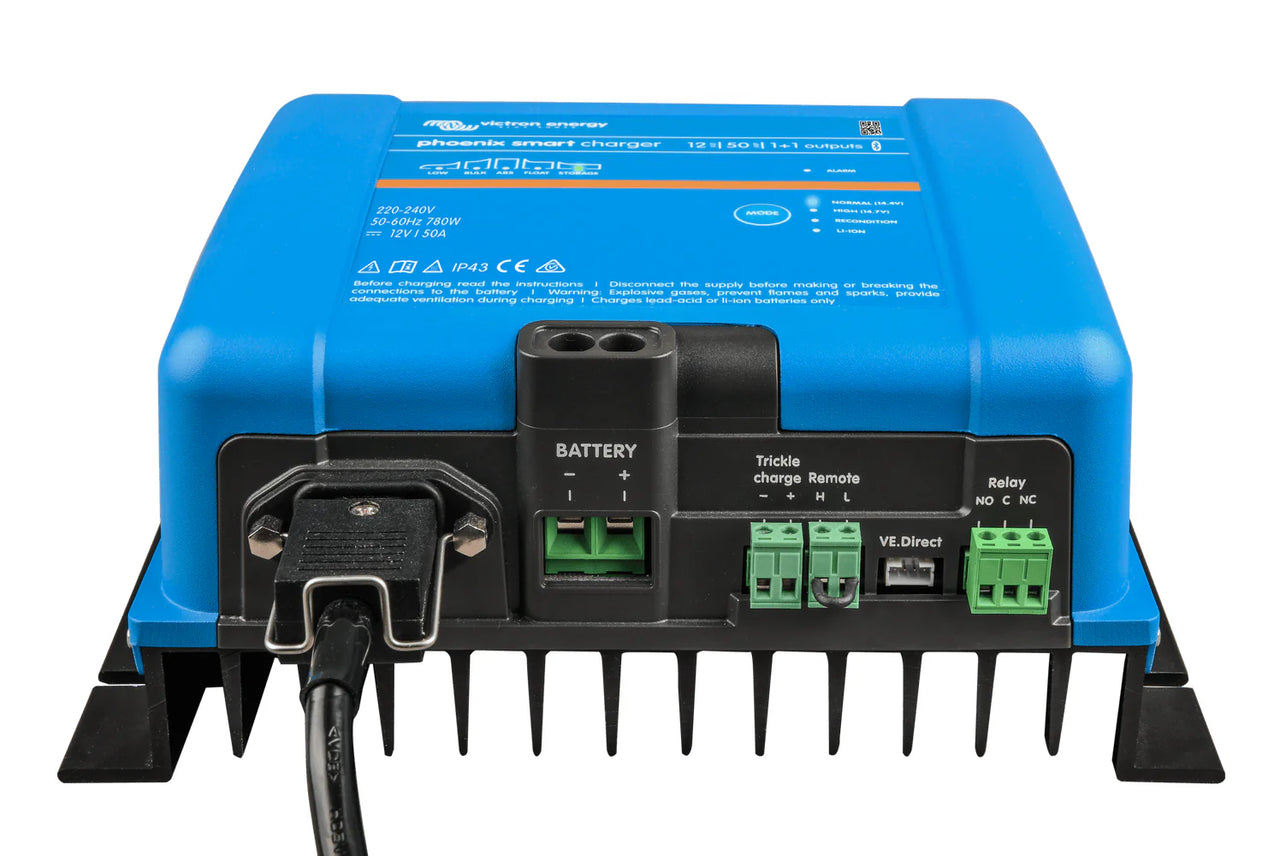 Bottom connection panel of the Victron Phoenix Smart battery charger showing terminals and ports
