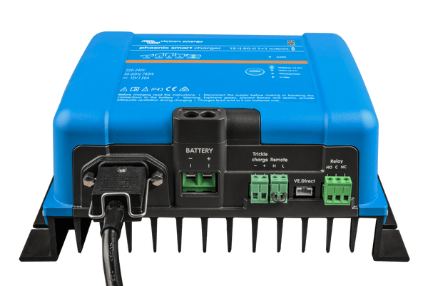 Bottom connection panel of the Victron Phoenix Smart battery charger showing terminals and ports
