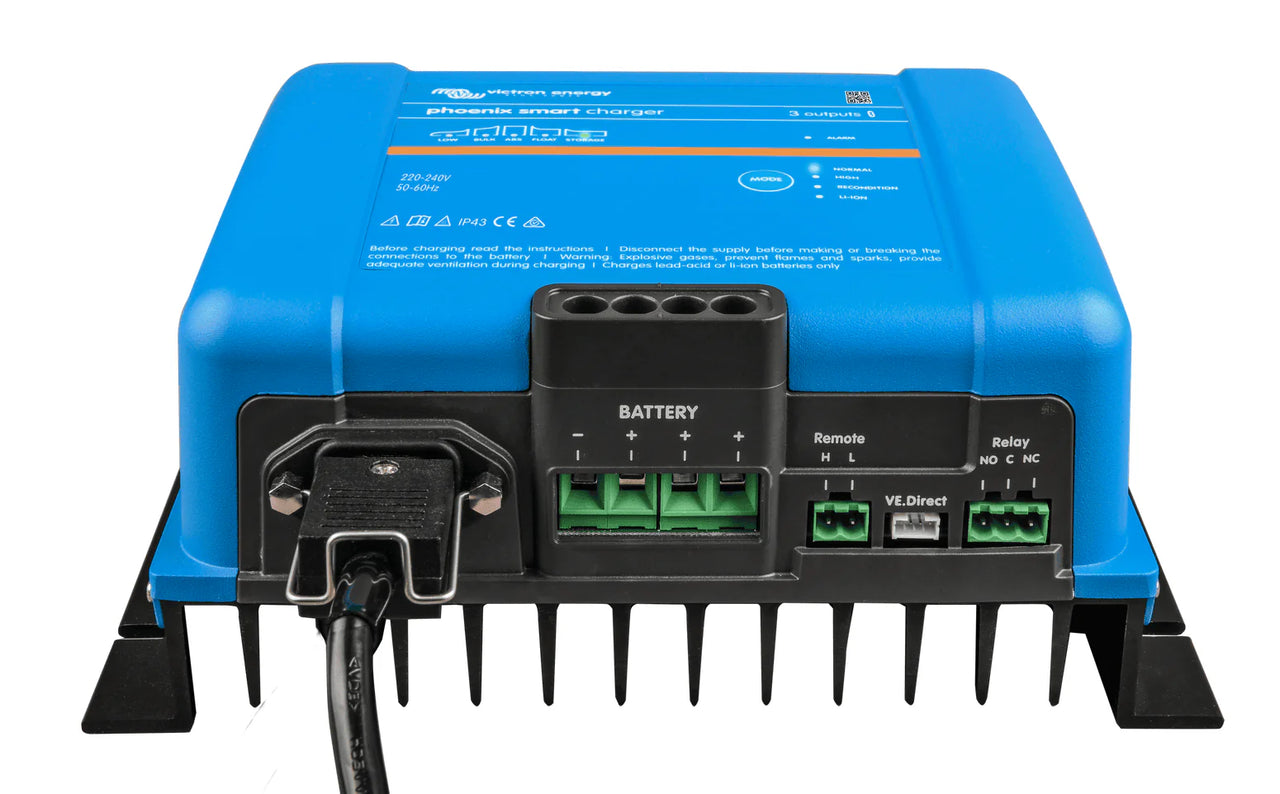 Bottom perspective of Phoenix Smart charger showing AC input and output terminals