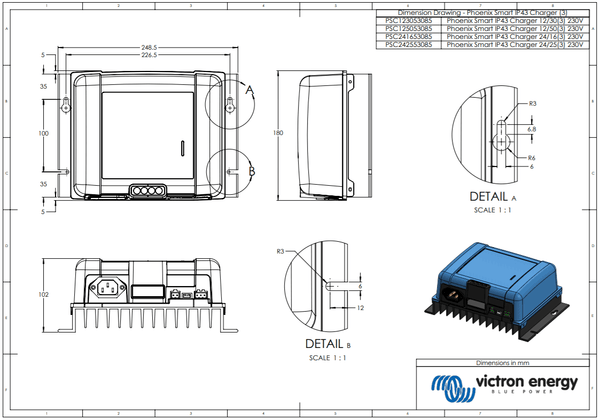 Technical dimensional drawing of the Victron 12V 50A battery charger in millimetres