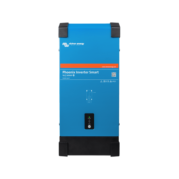 Front view of blue Victron Phoenix Smart Inverter 12/2000 showing status LEDs and sleek enclosure