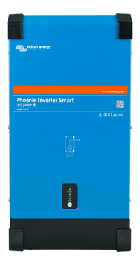 Front view of blue Victron Phoenix Smart Inverter 12/3000 with status indicators