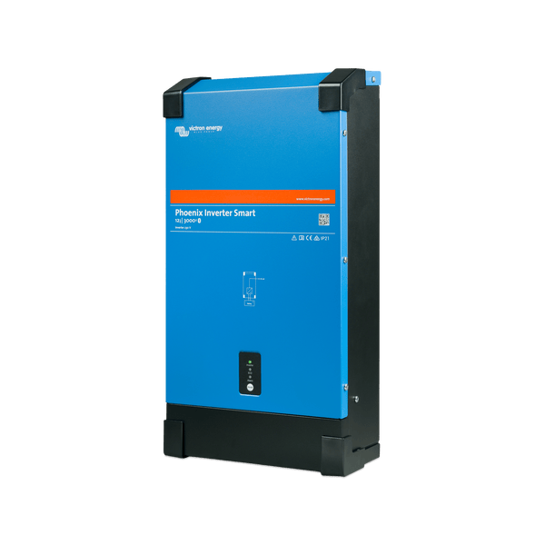 Side perspective view of blue 3000VA smart inverter showing durable steel enclosure