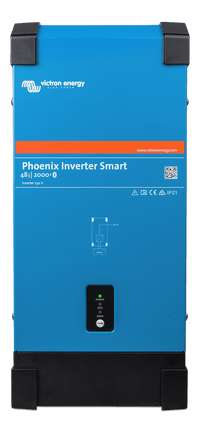 Front view of blue Victron Phoenix Smart Inverter 48/2000 showing status LEDs and power button