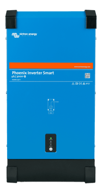 Front view of blue Victron Phoenix Smart 48V 3000VA power inverter in a steel enclosure
