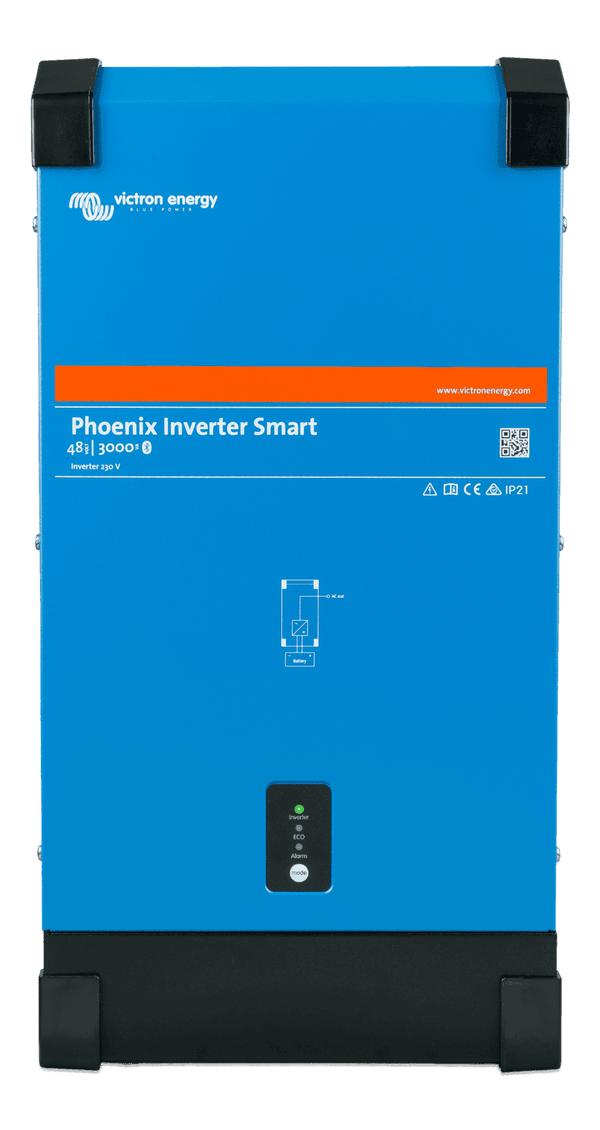 Front view of blue Victron Phoenix Smart 48V 3000VA power inverter in a steel enclosure