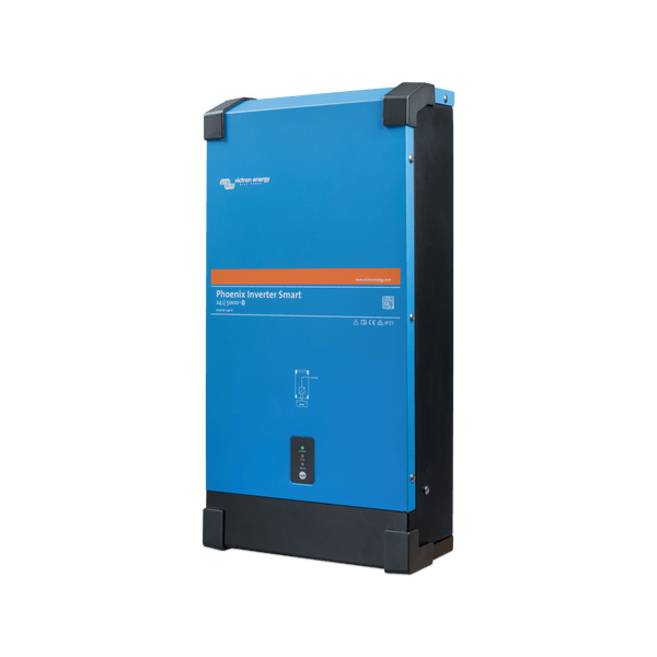 Angled side view of the blue steel Victron Phoenix Smart Inverter