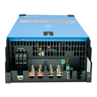 Bottom view of inverter showing AC output terminals and DC battery bolt connections