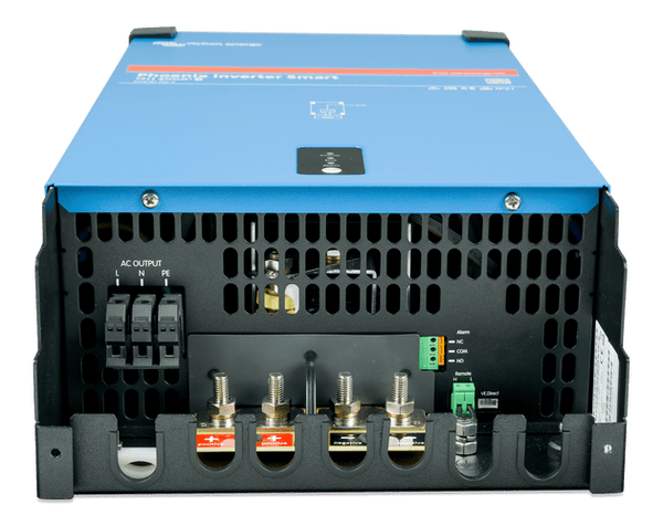 Bottom view of inverter showing AC output terminals and DC battery bolt connections